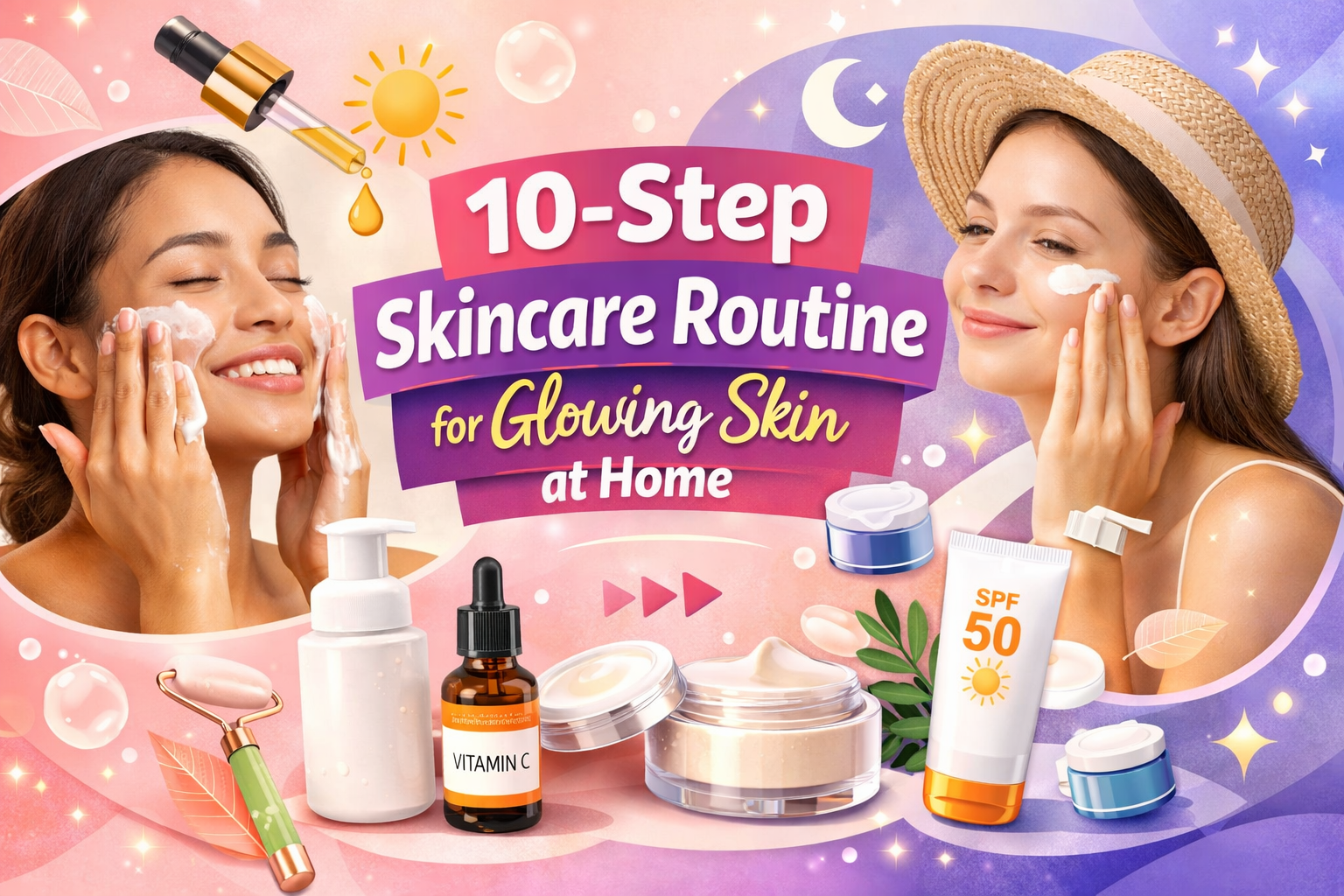 Modern skincare blog banner showing two women applying cleanser and cream, surrounded by skincare products like vitamin C serum, moisturizer jars, SPF 50 sunscreen, and a jade roller, with text reading “10-Step Skincare Routine for Glowing Skin at Home” on a pink and purple gradient background.
