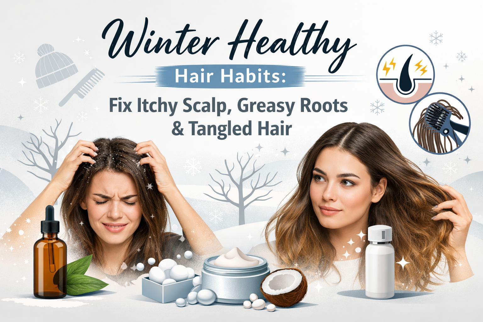 Winter healthy hair habits infographic showing solutions for itchy scalp, greasy roots, and tangled hair with modern minimal design.